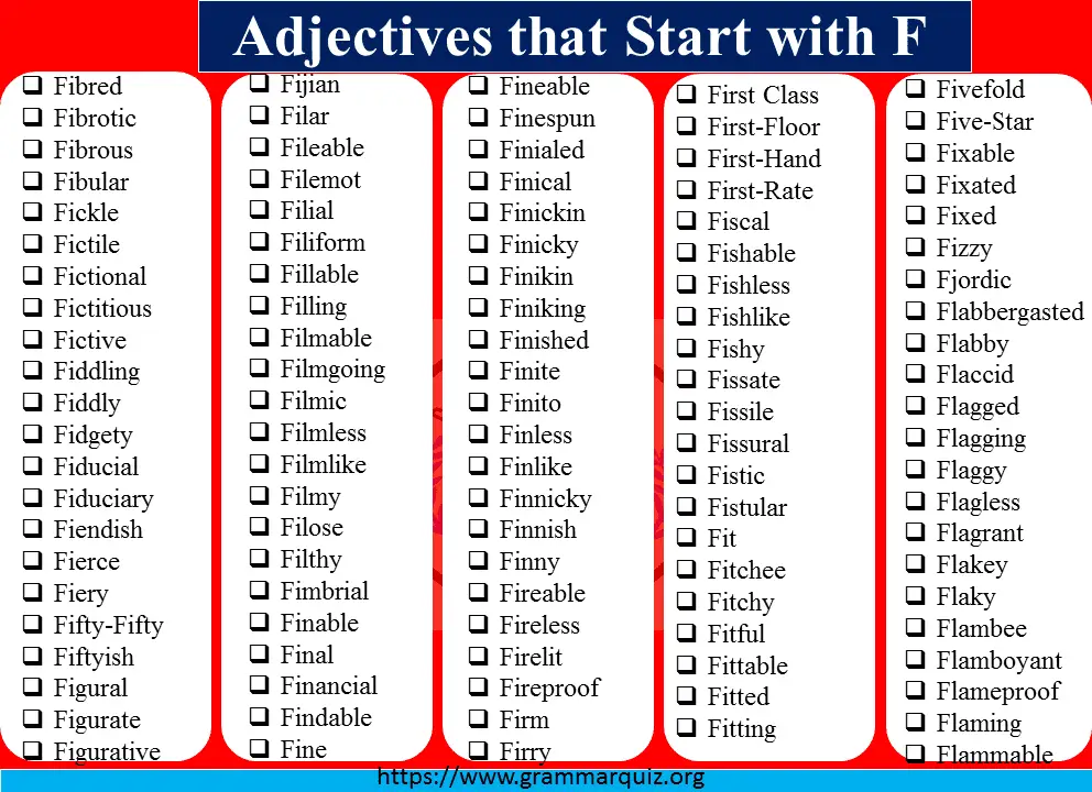 Adjectives that Begin with F Infographic