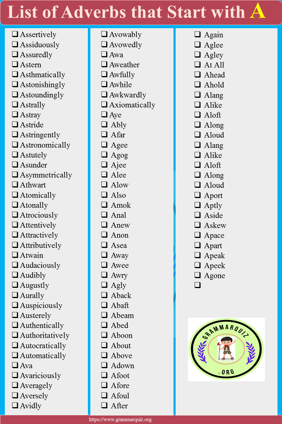4 and 5 Letter Adverbs that Start with A