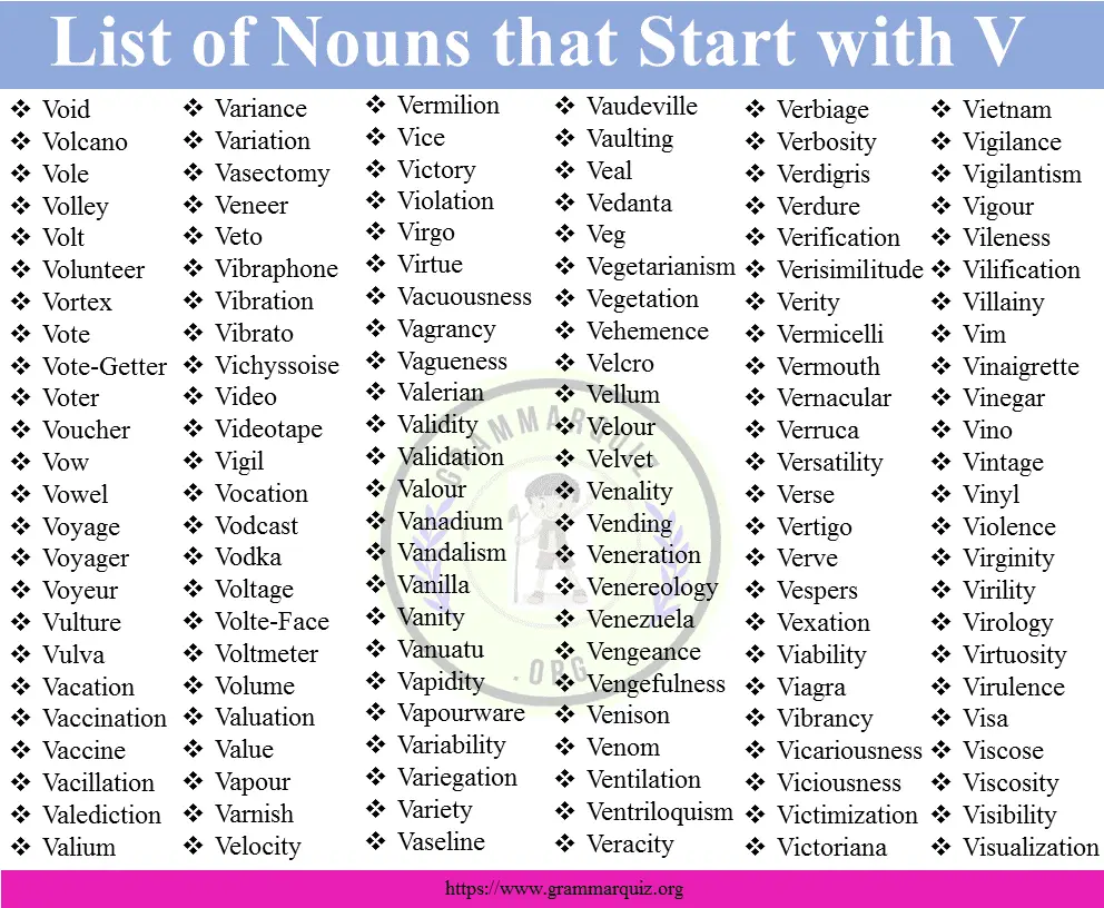 300 + Nouns that Start with V